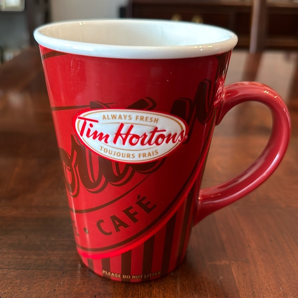 #008 Tim Hortons Coffee Mug Cup 14oz  Brown White Ceramic Embossed 2008